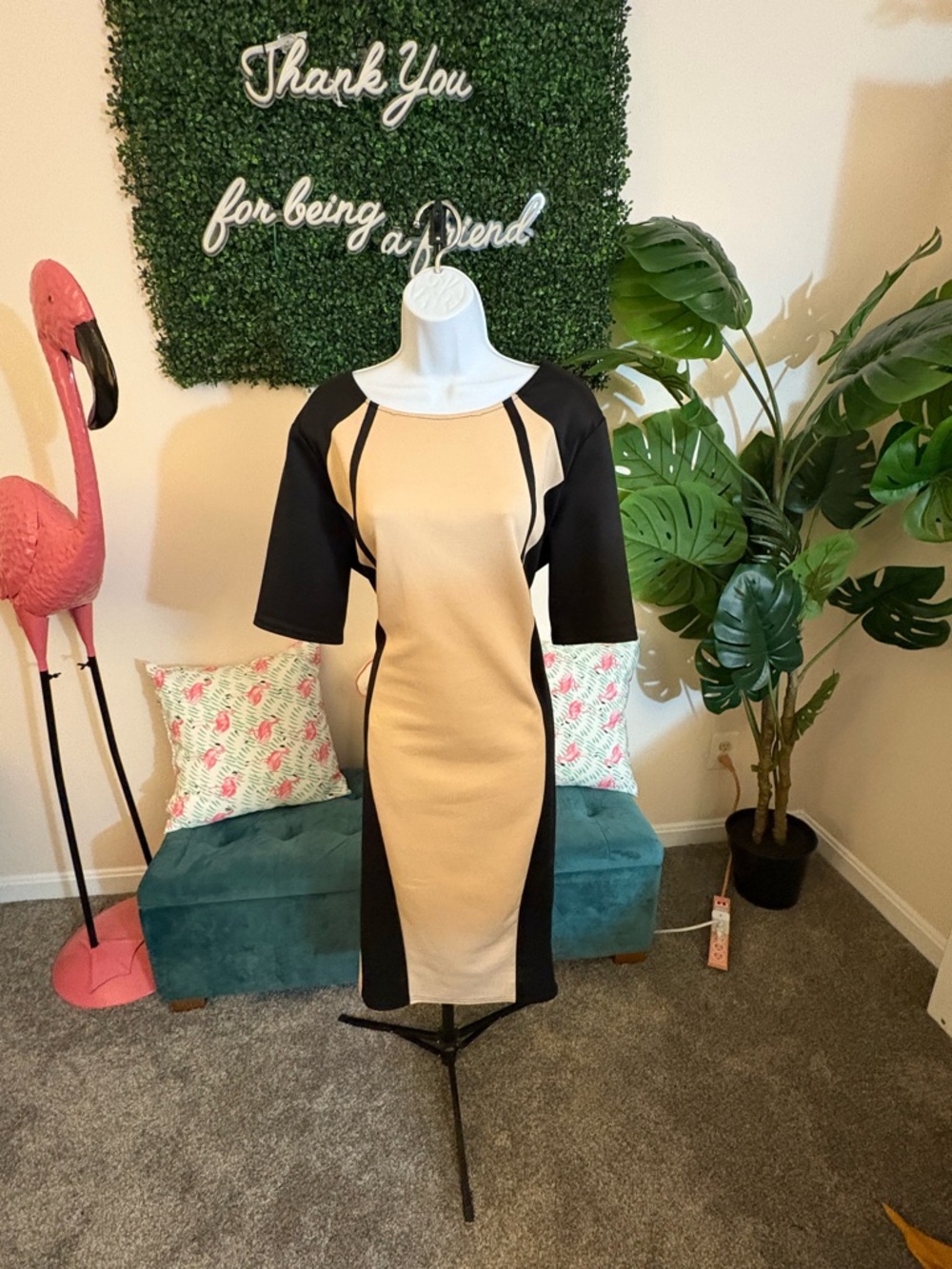 Colorblock Sheath Scuba Dress in Beige and Black - Women's Dress